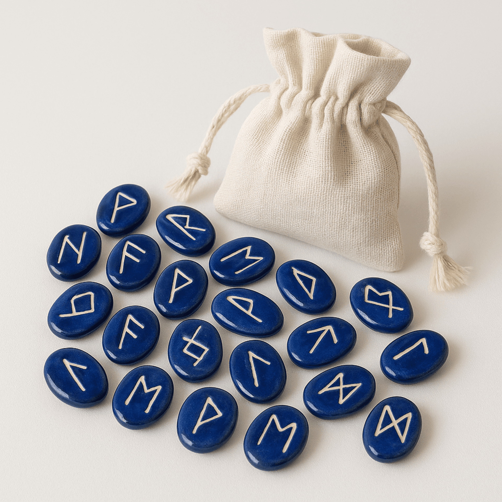 Runas de porcelana azul – Hechas a mano (24 piezas + saquito) - 1