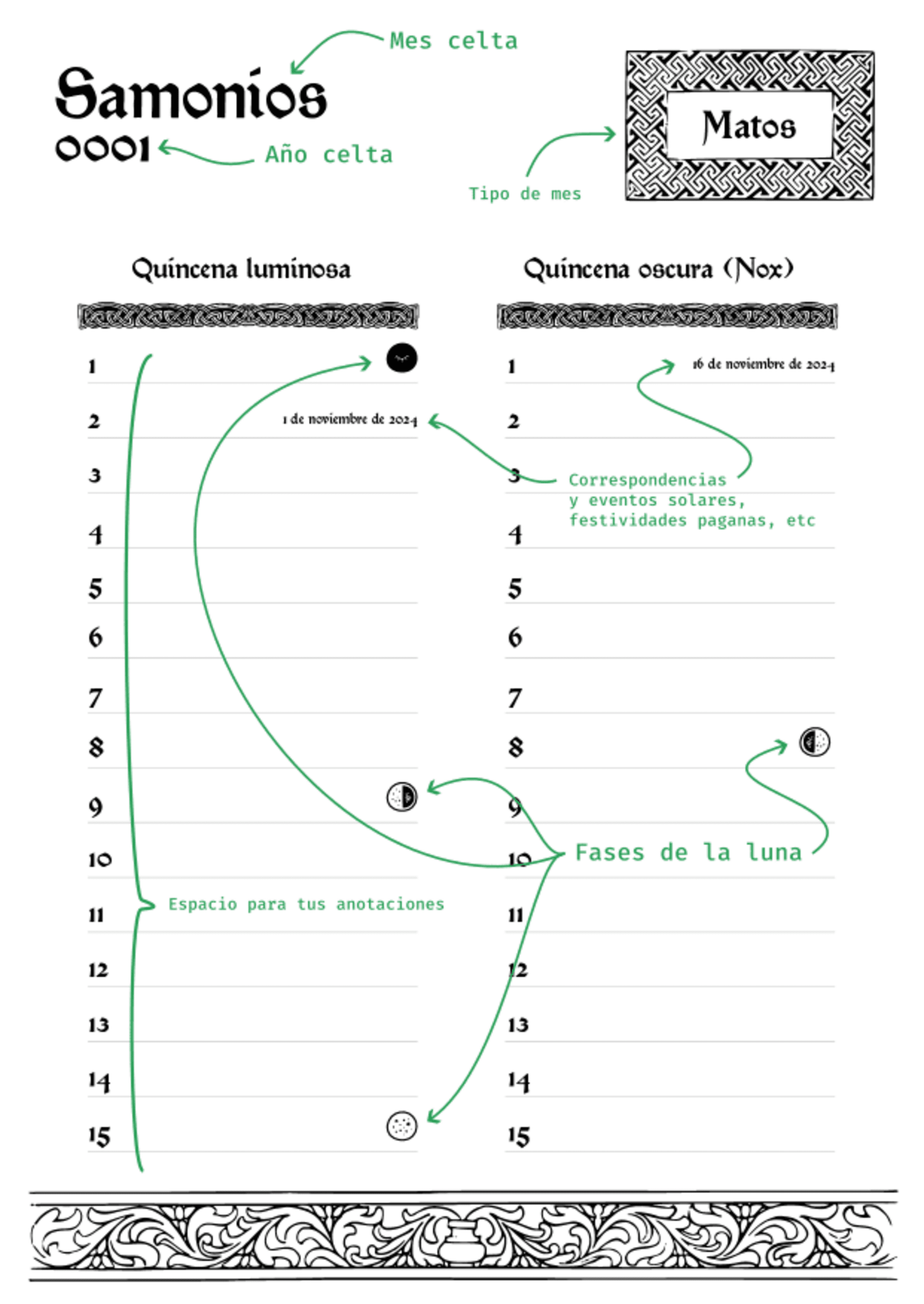 Calendario celta imprimible – años 0001 y 0002 + Samonios 0003 (PDF descargable) - 2